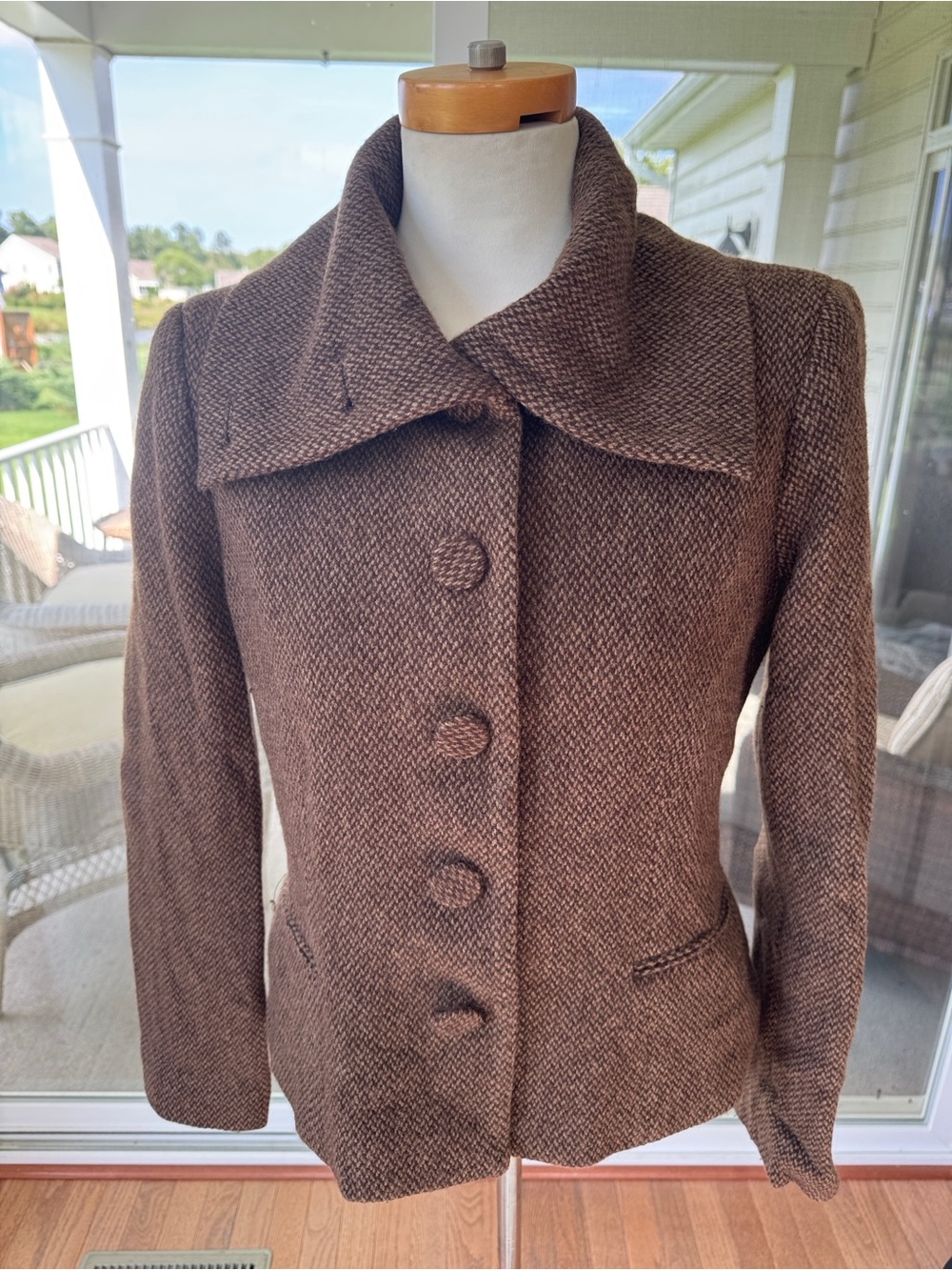 Lauren Ralph Lauren convertible collar wool-blend brown herringbone tweed 10